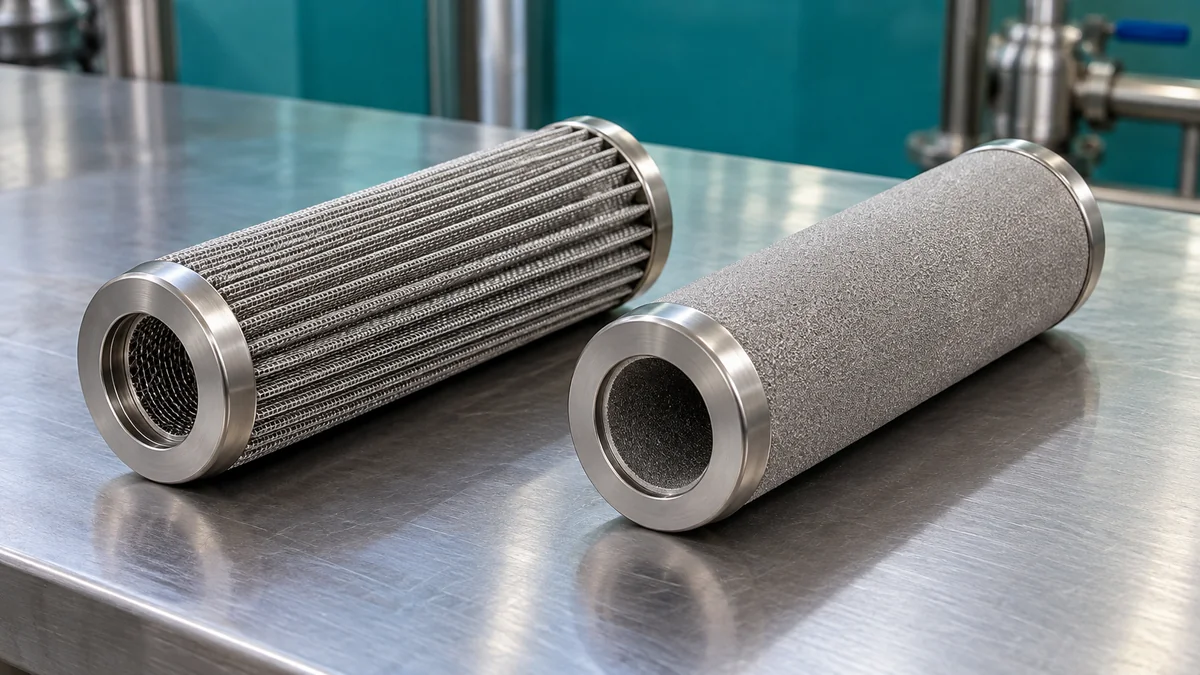 Cartucho plissado de aço inox e cartucho sinterizado de inox lado a lado