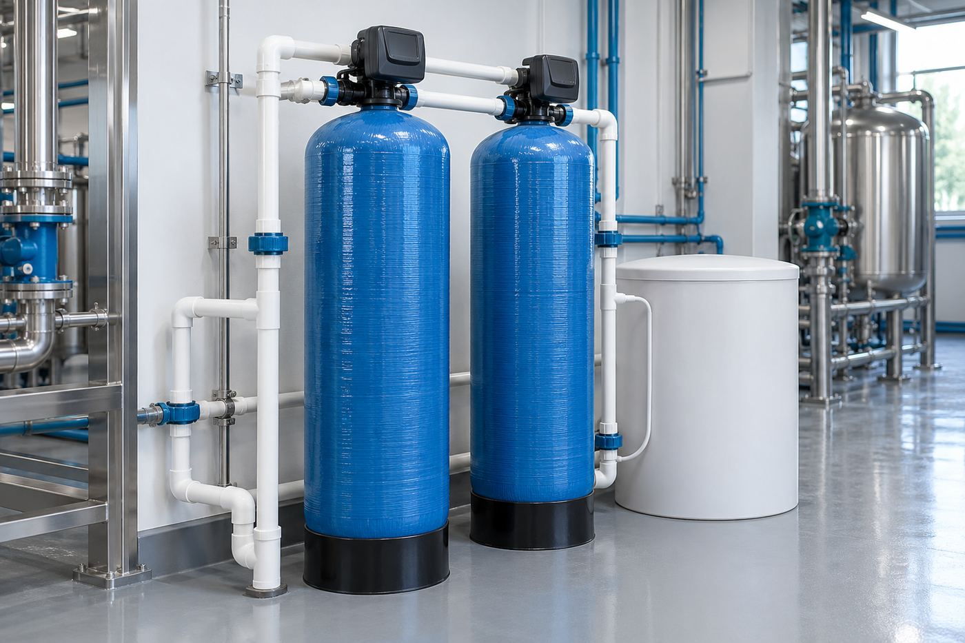 Instalação industrial de abrandador com dois tanques de fibra de vidro, válvulas automáticas e tanque de salmoura