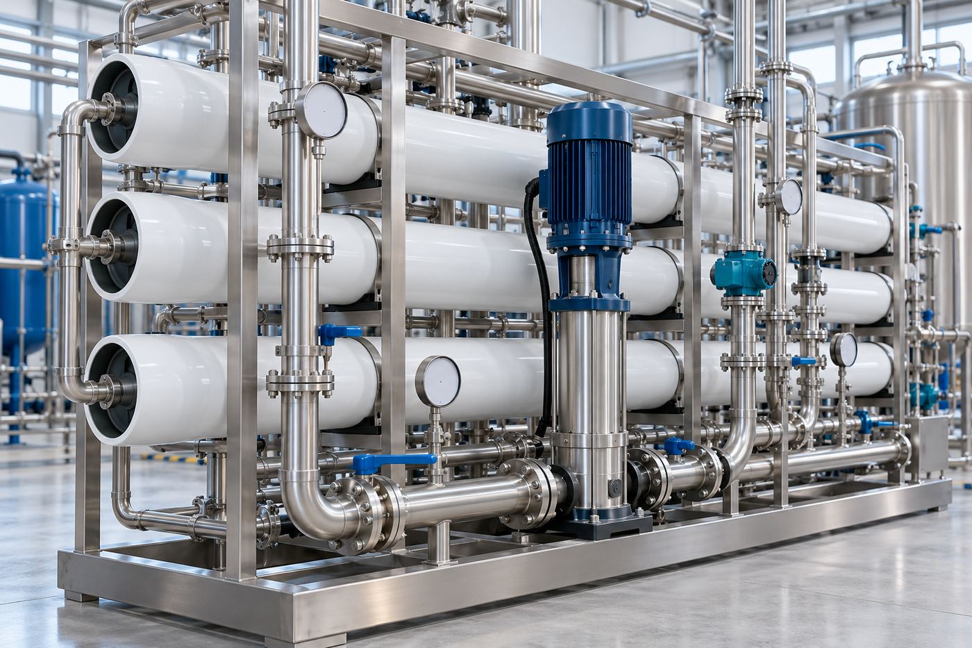 Sistema industrial de osmose reversa com vasos de membrana em estrutura de aço inox e bomba de alta pressão