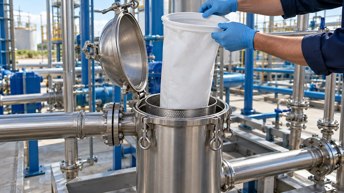 Filtro bag industrial sendo instalado em carcaça de aço inox