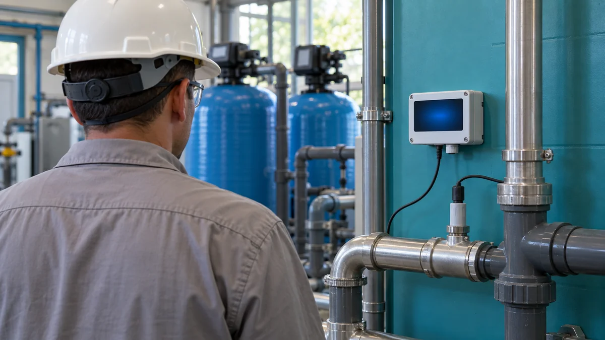 Técnico acompanha monitor de condutividade em linha da água de alimentação da caldeira