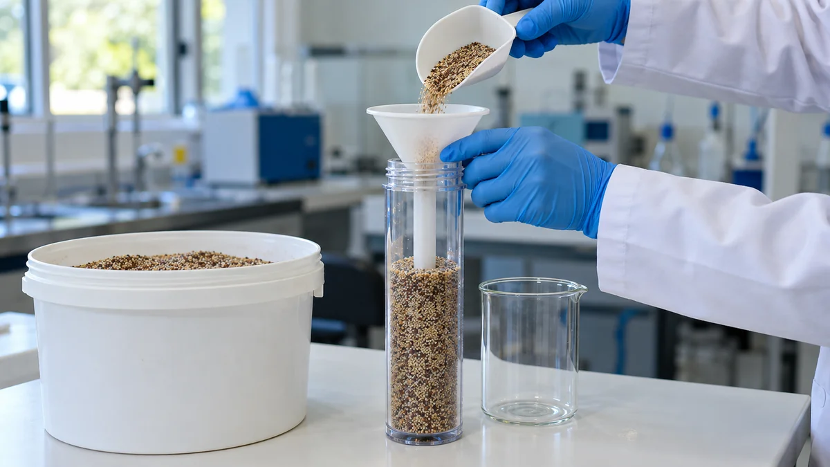 Recarga de cartucho com resina mista em bancada de laboratório